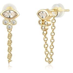 Evil Eye Siren Studs with CZ Stones & Delicate Dangle Detail (24k Gold)